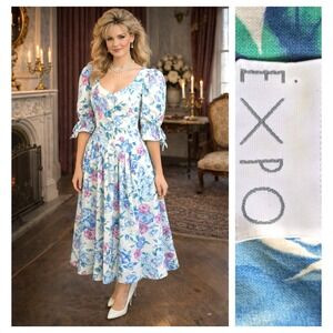 Expo VTG 80s Floral Puffy Sleeve Victorian Romantic Cottagecore Midi Dress M